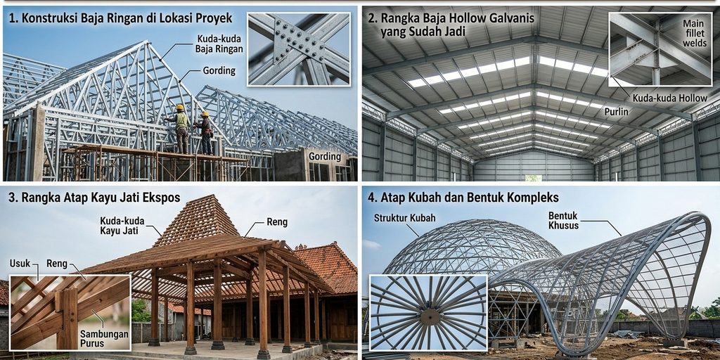 Perbandingan jenis rangka atap: baja ringan, hollow galvanis, kayu jati, dan kubah